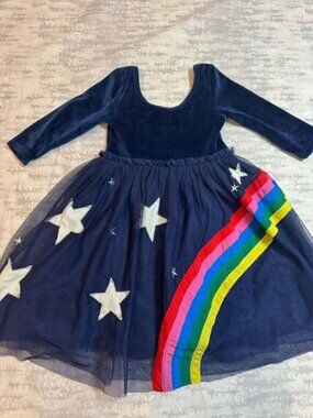 Mini Boden Navy Velvet Tulle Dress Rainbow Stars 5-6Y
